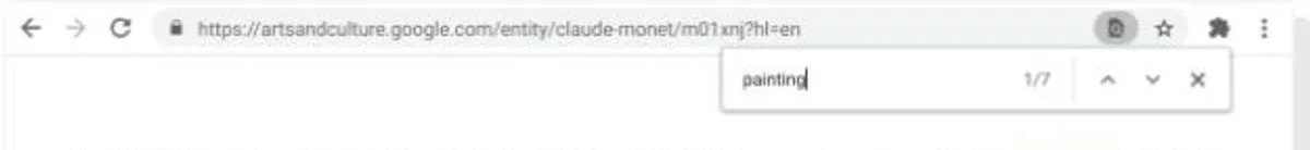 Google's Chrome Tips illustration of the Find bar searching for painting, with one of seven matches selected