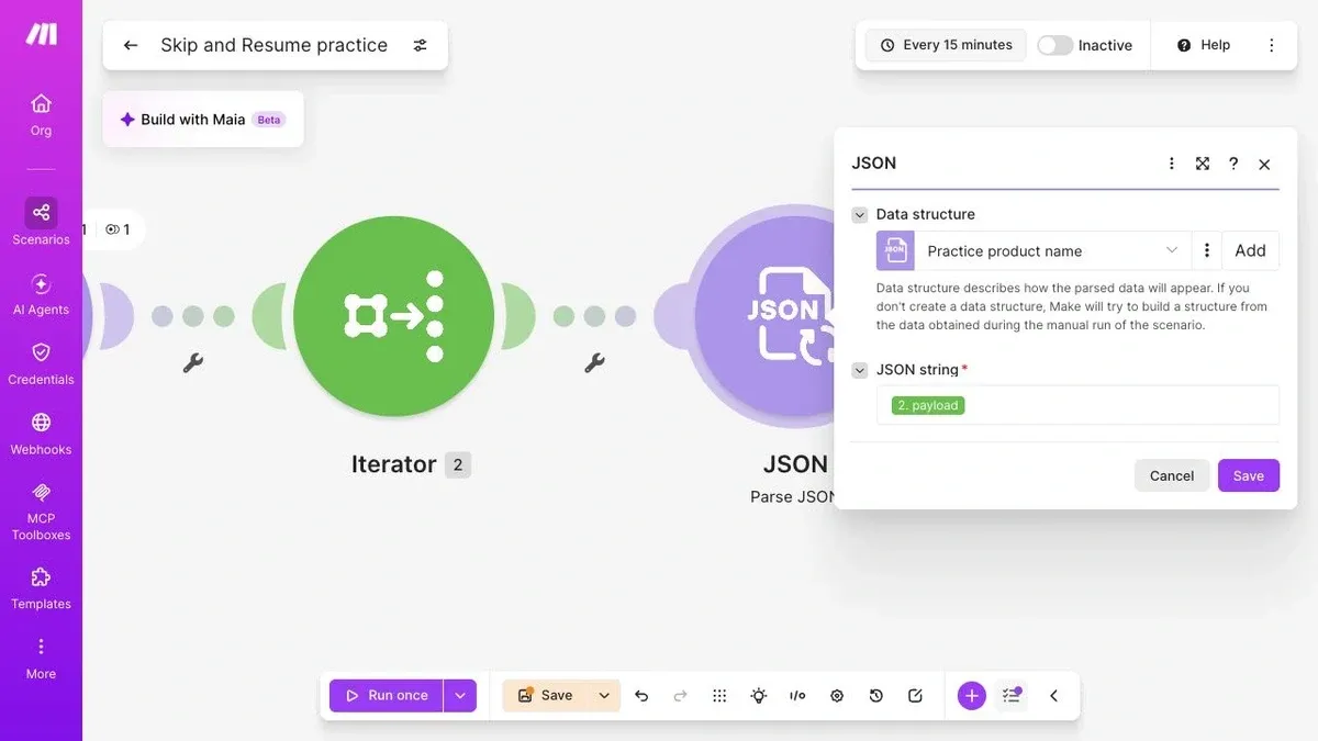 Make Parse JSON maps the Iterator payload using the Practice product name data structure