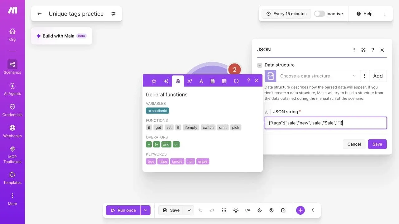 Full Make editor with a tags array containing a repeat, a case difference and an empty value