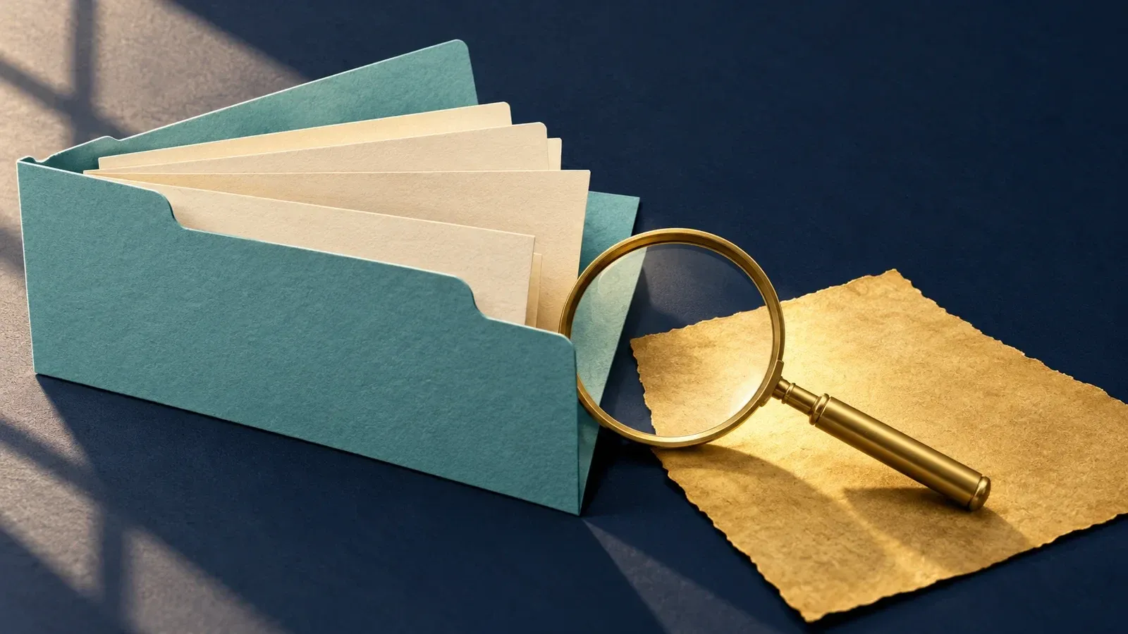 An aqua folder holds cream papers beside a gold sheet and a magnifying glass on a navy desk.