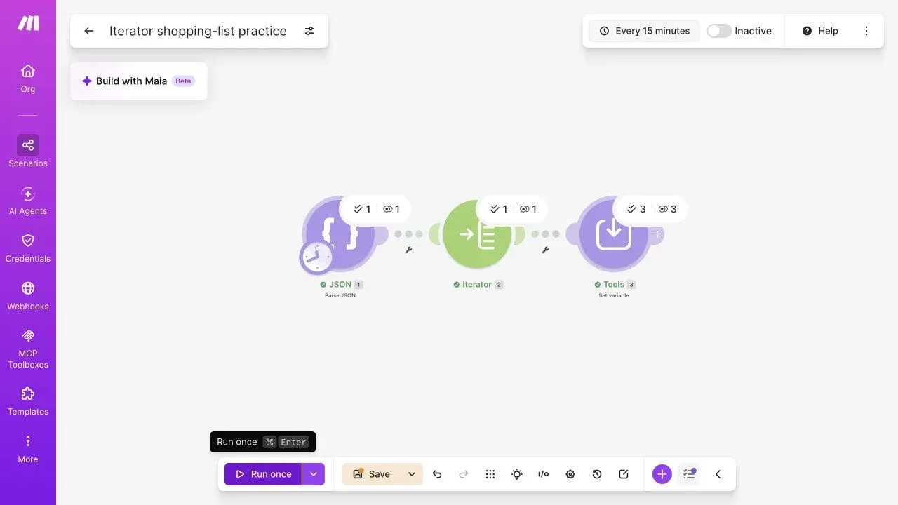 Full Make editor showing three Tools operations after the Iterator
