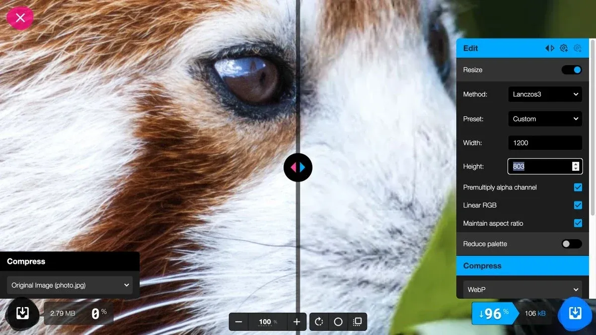 Squoosh resize settings showing width 1200, height 803 and Maintain aspect ratio enabled