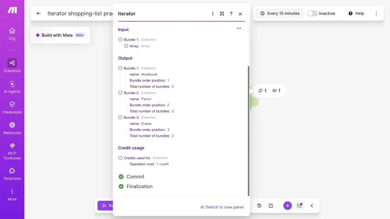 Full Make editor showing Iterator output bundles Notebook Pencil and Eraser