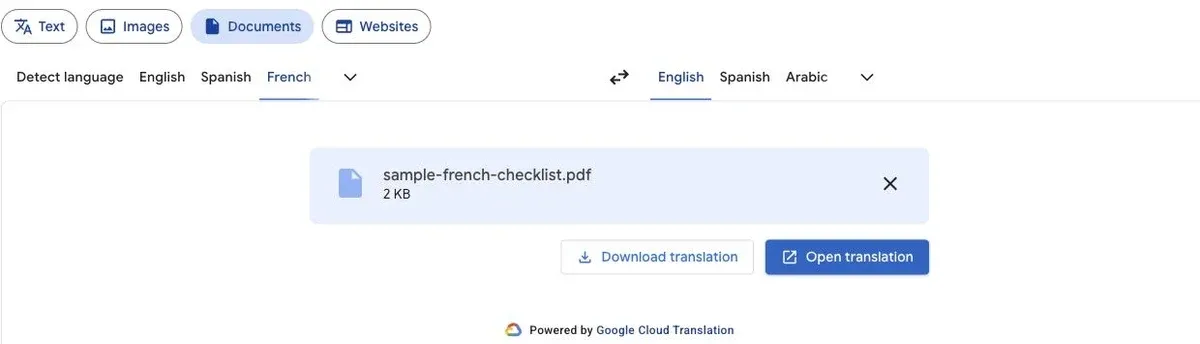 Google Translate displaying Download translation and Open translation