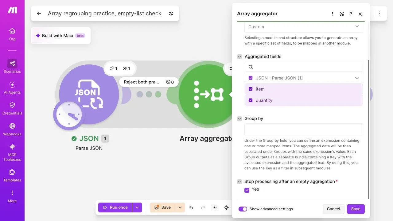 Make Array aggregator with the empty-aggregation stop option enabled.