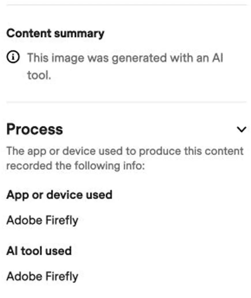 Verify Content summary and Process sections recording AI generation and Adobe Firefly for a public example.