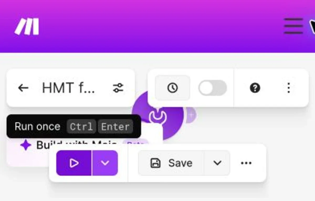 Make scenario toolbar with Save beside the purple play button and its Run once tooltip.