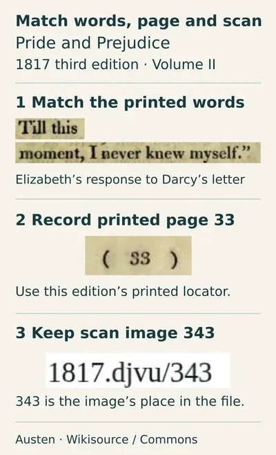 Real scan excerpts show Till this moment, I never knew myself, printed page 33 and the Wikisource title ending /343.