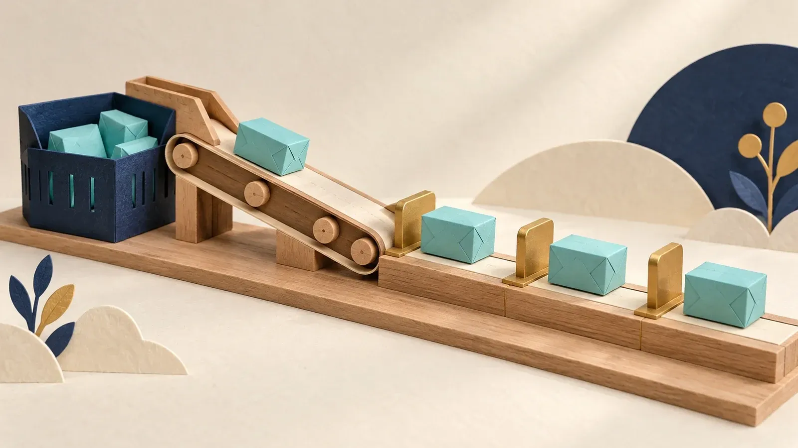 A wooden conveyor separating aqua parcels one at a time into a brass tray