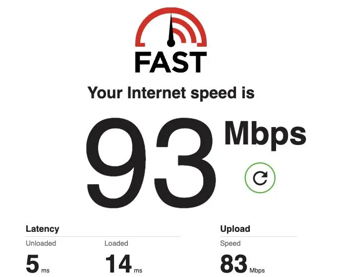 FAST.com showing 93 Mbps download, 83 Mbps upload, 5 ms unloaded latency and 14 ms loaded latency