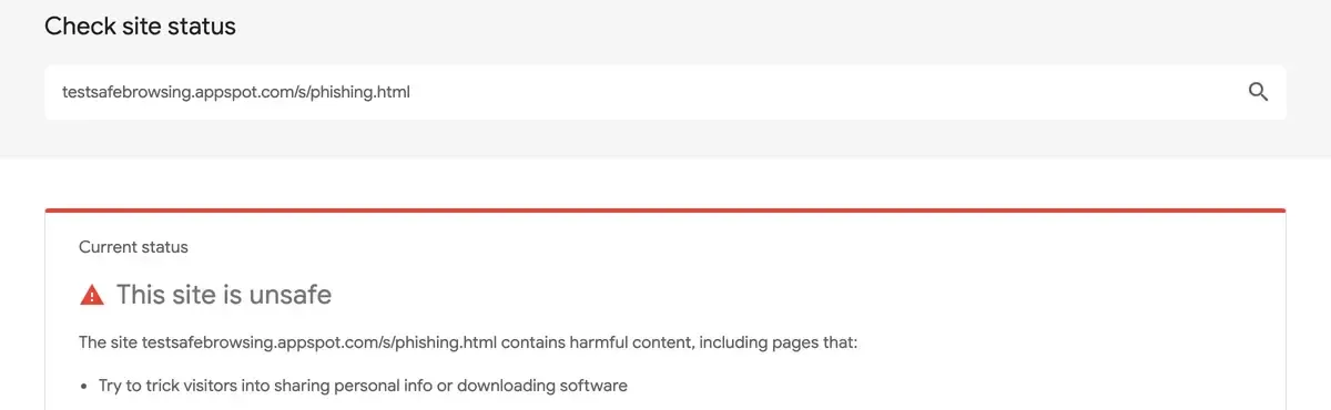 Google Safe Browsing site status for Google's test phishing page showing This site is unsafe
