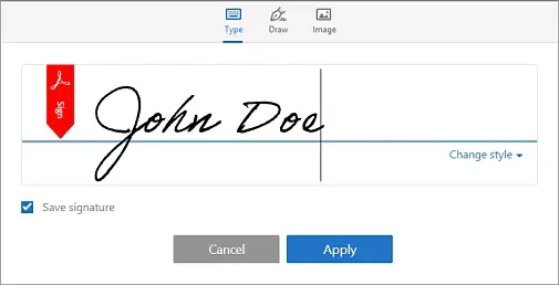 Adobe Reader signature dialog showing Type, Draw and Image, with Adobe’s John Doe sample