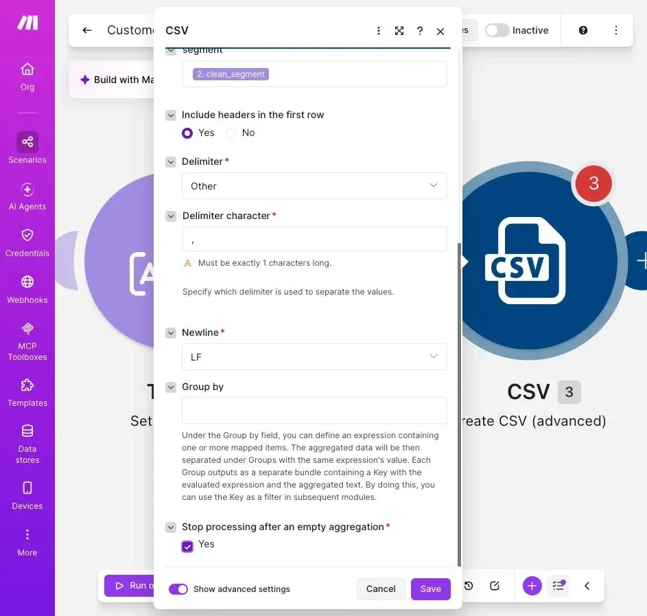 Make CSV advanced settings leave Group by blank and enable Stop processing after an empty aggregation.