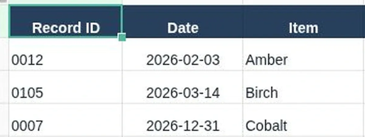 Records sheet showing text IDs 0012, 0105 and 0007 beside three calendar dates