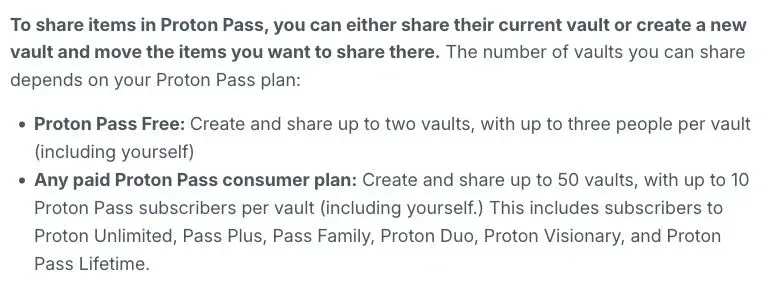 Proton public sharing-help page states two Free vaults and three people per vault including the owner.