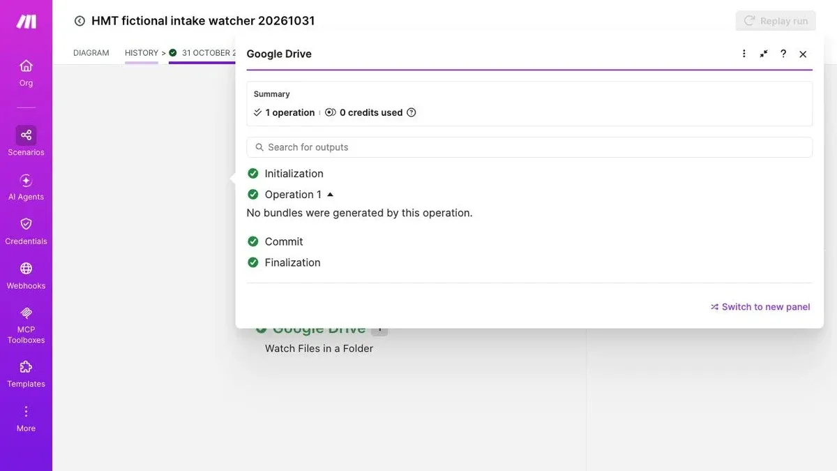 Make run history showing no output bundles after the older fictional file was moved into Intake.