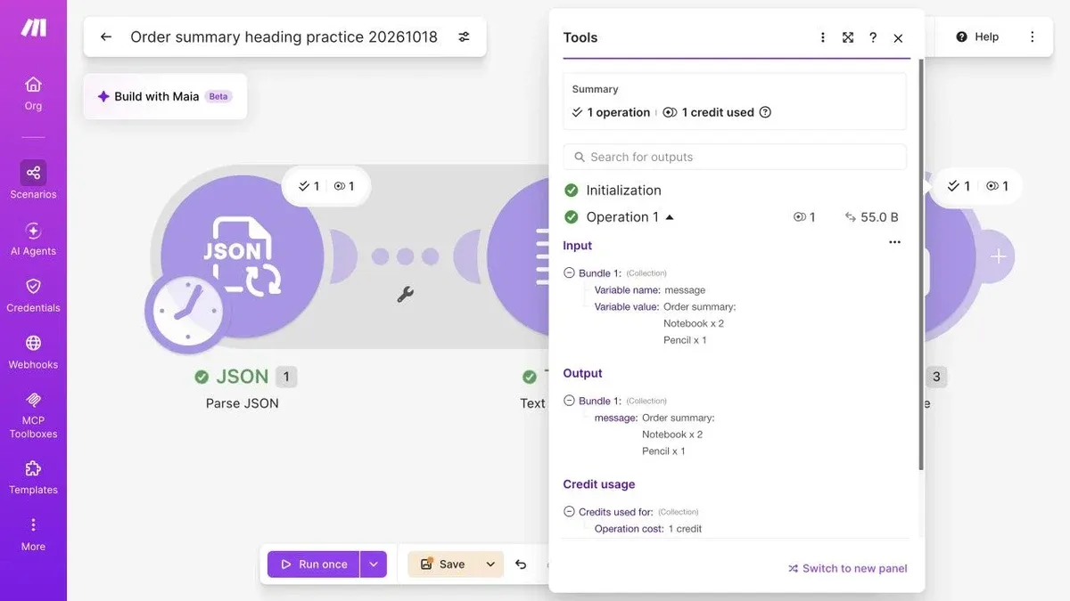 Full Make editor showing one message bundle with Order summary above Notebook x 2 and Pencil x 1.
